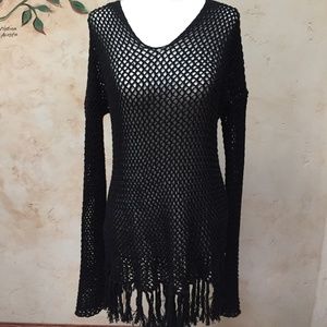 Michael Stars long sleeve hooded poncho w fringe